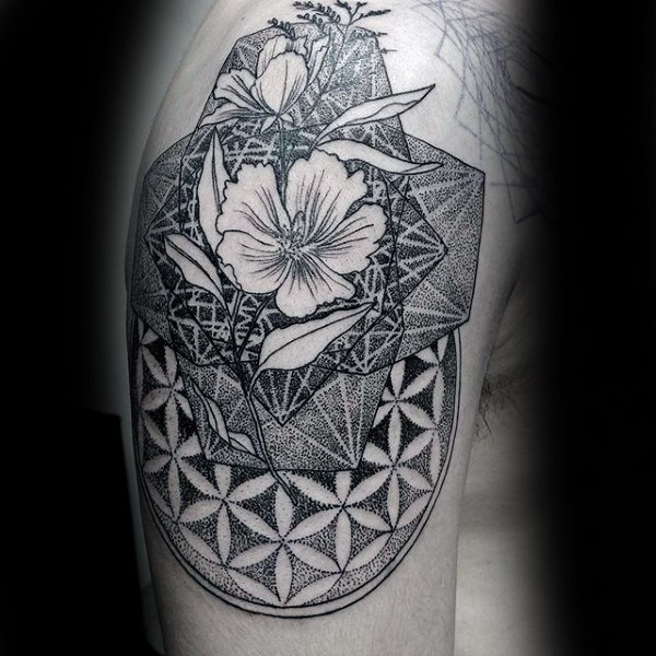 Original combined dotwork style upper arm tattoo of realistic flower combined with geometrical figure