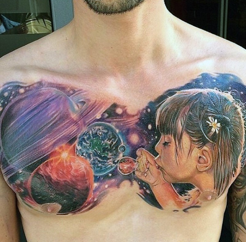 Original combined multicolored little girl with solar system tattoo on chest