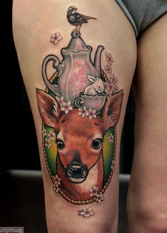 Original combined multicolored natural deer with flowers and little rabbit in cup tattoo on thigh