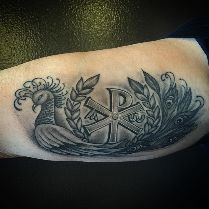 Original design Chi Rho special Christ monogram and gorgeous fairy tale bird gray ink tattoo