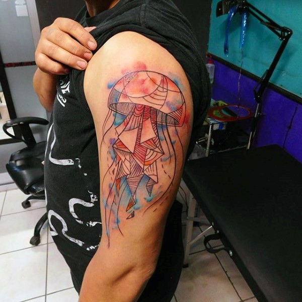 Original design jellyfish with multicolored watercolor paint drips shoulder tattoo