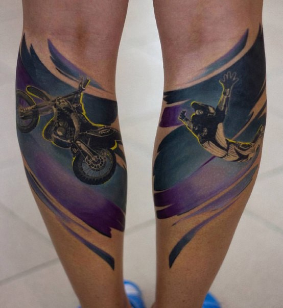 Original designed and colored on legs tattoo of bike stunt rider