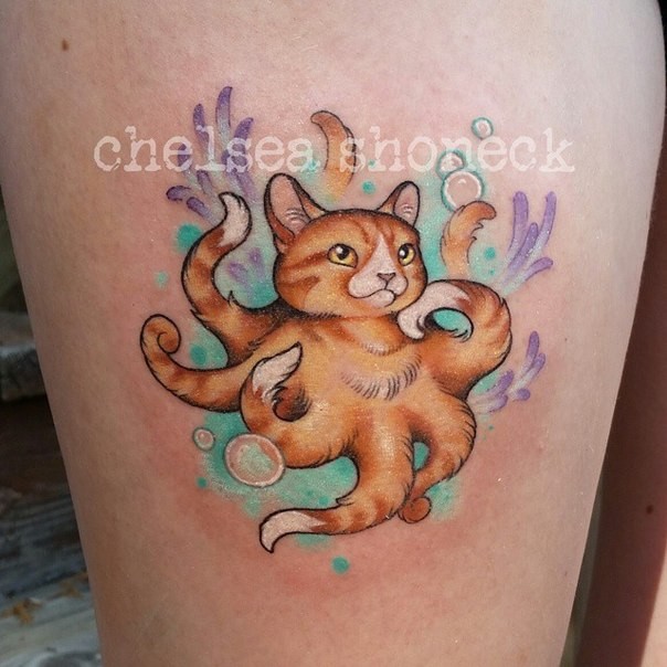 Original designed and colored thigh tattoo of octopus shaped cat