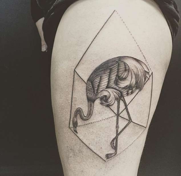 Original designed and detailed black and white thigh tattoo of flamingo in geometric figure