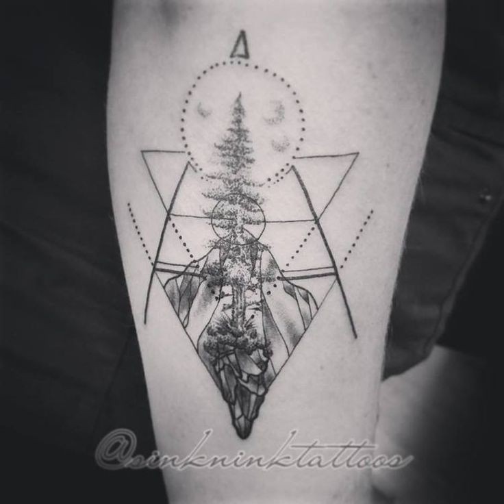 Original designed black ink arm tattoo of big tree with geometrical figures