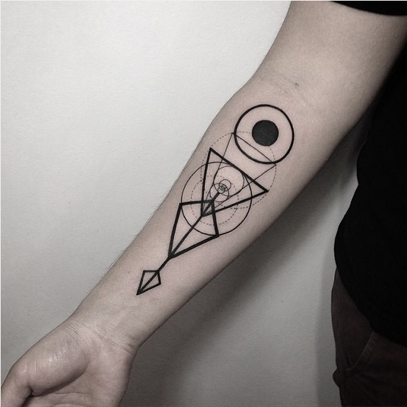 Original designed black ink forearm tattoo of various geometrical figures