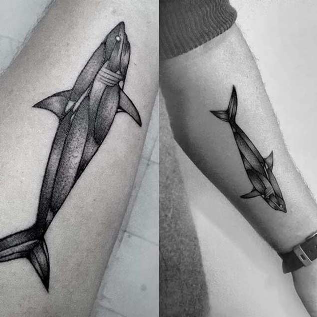 Original designed black ink slim muscle shark forearm tattoo