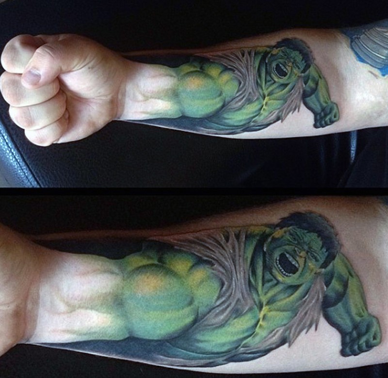 Original designed colored big forearm tattoo of furious Hulk