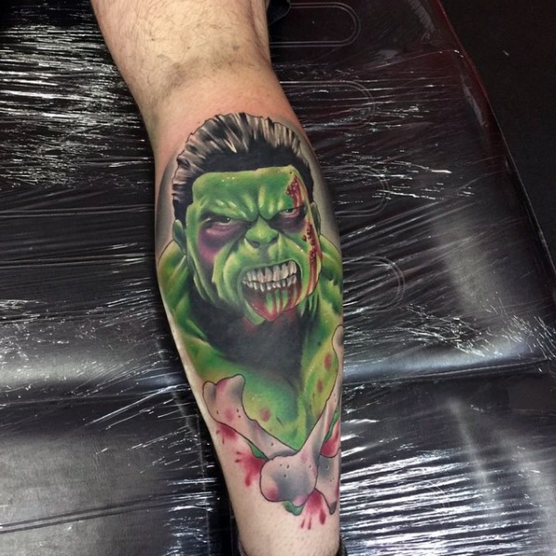 Original designed colored bloody Hulk zombie tattoo on leg with crossed bones