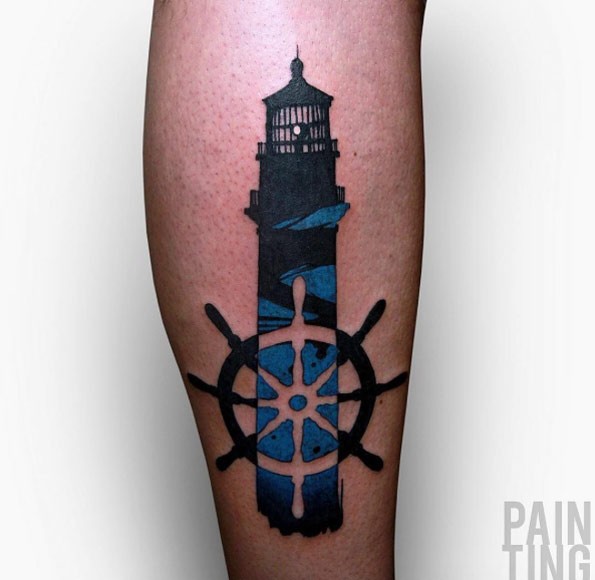 Original designed colored lighthouse with ship steering wheel tattoo