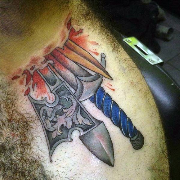 Original designed colored various medieval weapons tattoo on shoulder