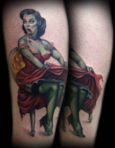 Original designed colored zombie dancer girl tattoo on sleeve