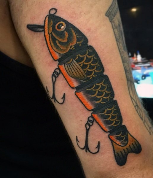 Original designed colorful fish shaped lure tattoo on arm