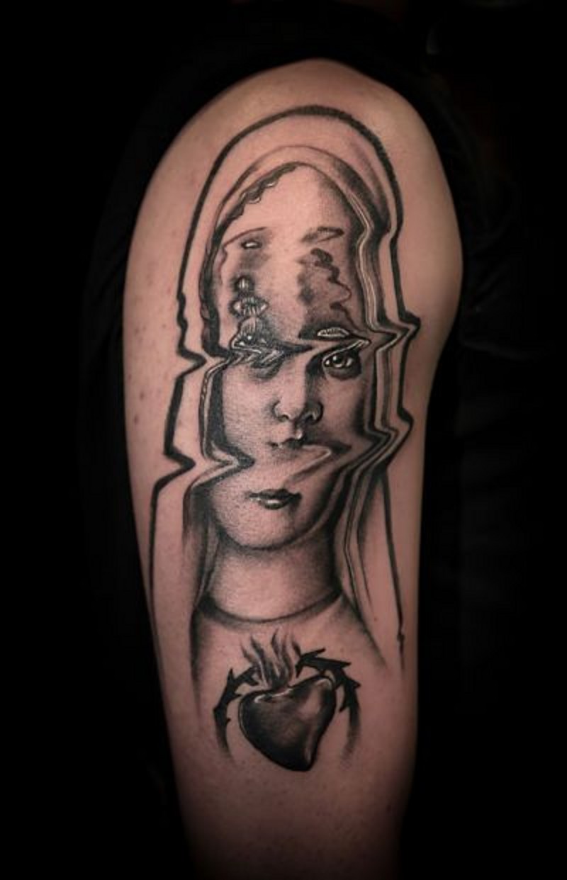 Original designed corrupted womans face tattoo on shoulder