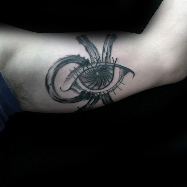 Original designed detailed biceps tattoo of human eye with lettering