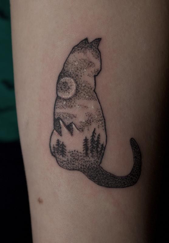 Original designed dot style cat shaped tattoo of wild mountains and forest