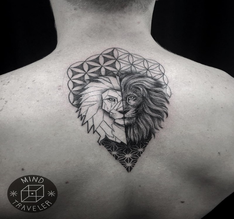 Original designed dot style separated upper back tattoo of lion head with geometrical ornaments