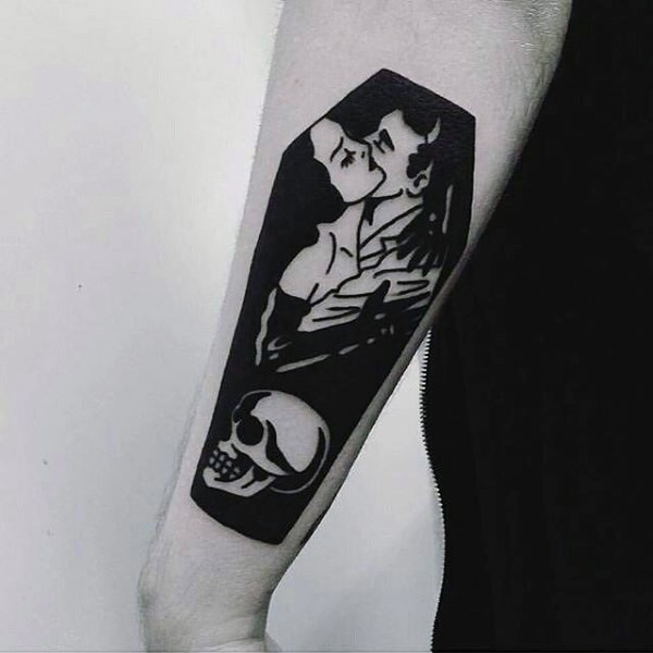 Original designed little black and white coffin tattoo with skull