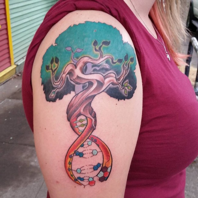Original DNA shaped colored tree tattoo on shoulder