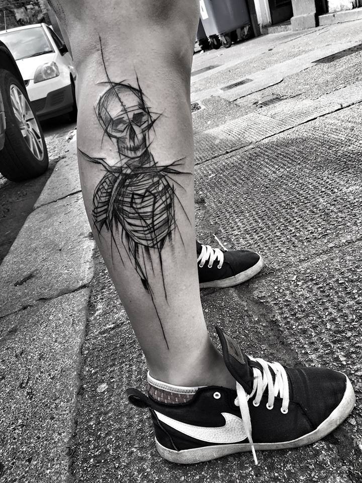 Original looking black ink leg tattoo of human skeleton by Inez Janiak