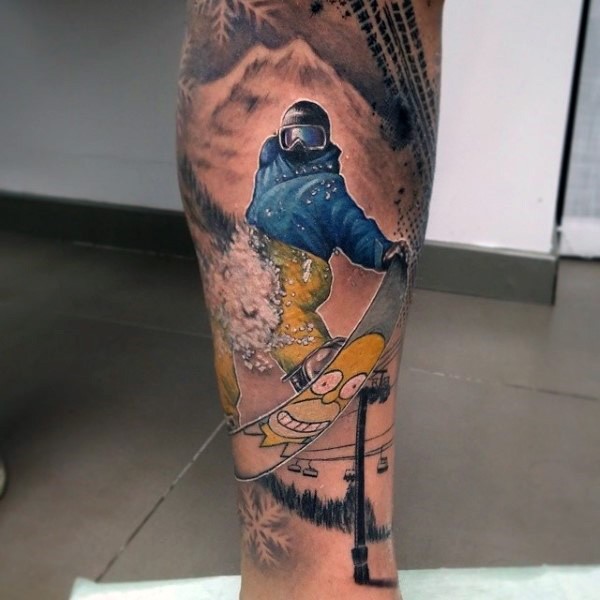 Original looking colored leg tattoo of snowboarder with mountain