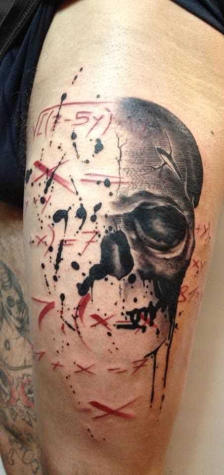 Original looking colored tattoo of human with skull and mystical symbols