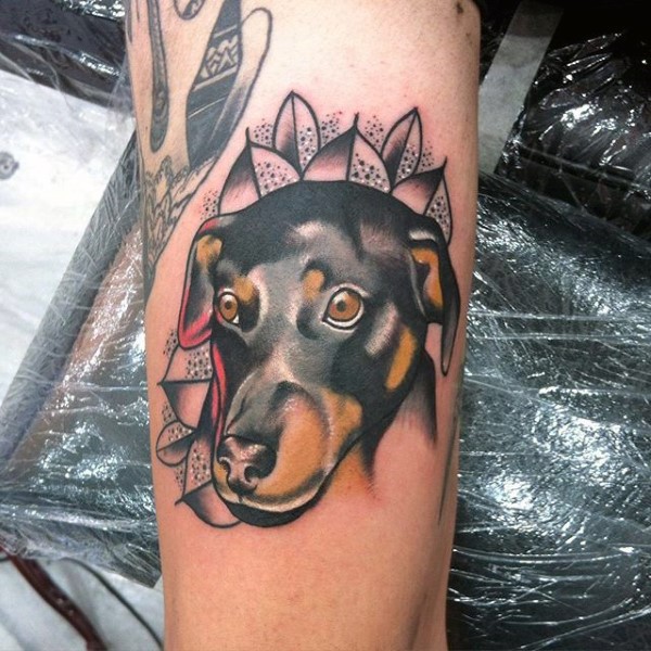 Original multicolored little dog portrait tattoo on leg