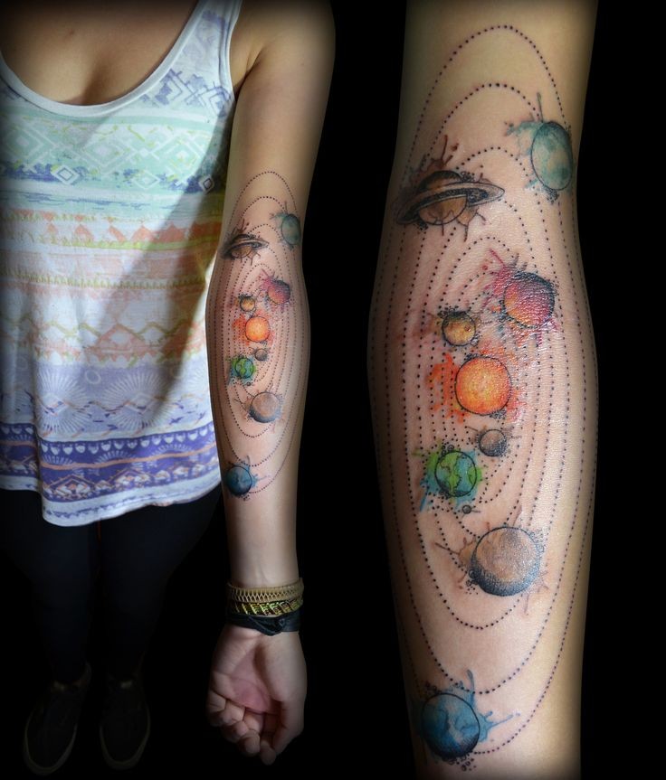 Original painted and colored little solar system tattoo on arm