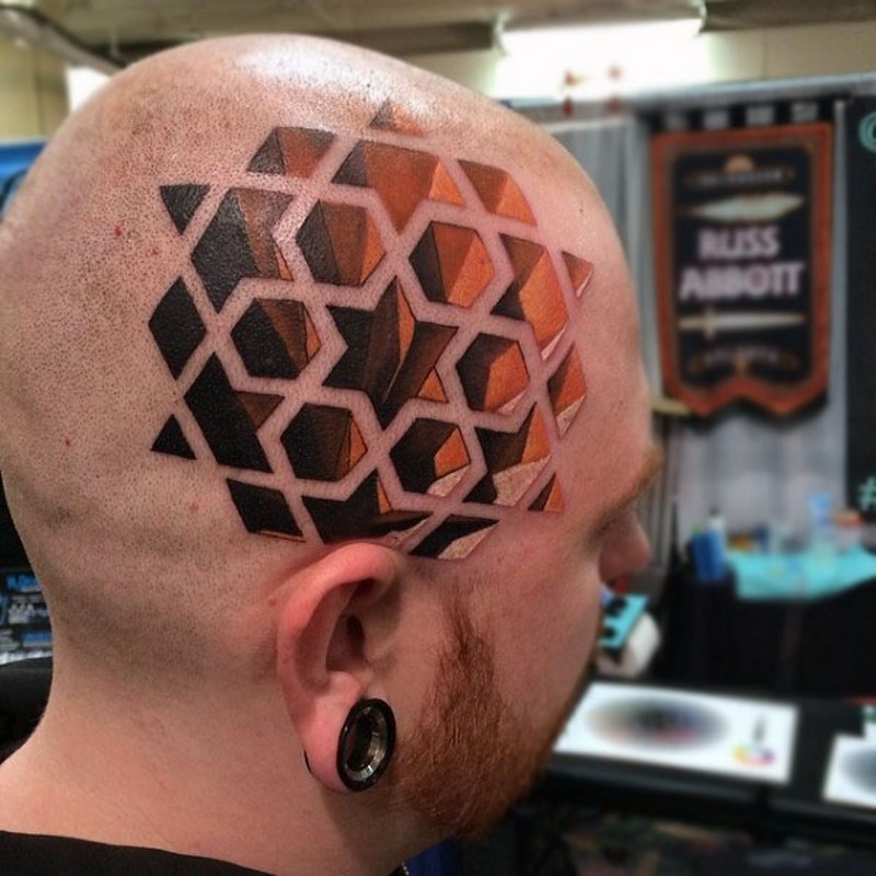 Original painted big colored geometrical tattoo on head