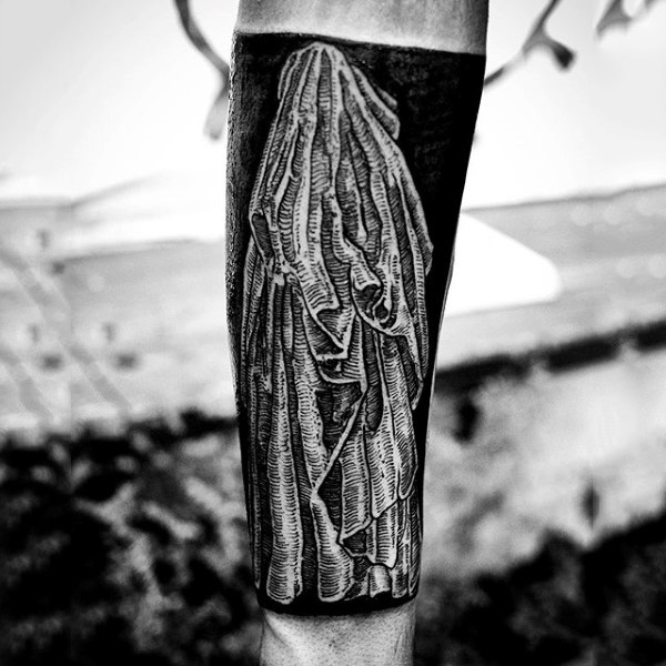 Original painted black and white forearm tattoo of mystical figure