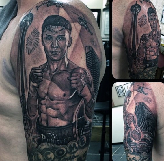 Original gemalter schwarzer Boxkämpfer in der Stadt Arm Tattoo