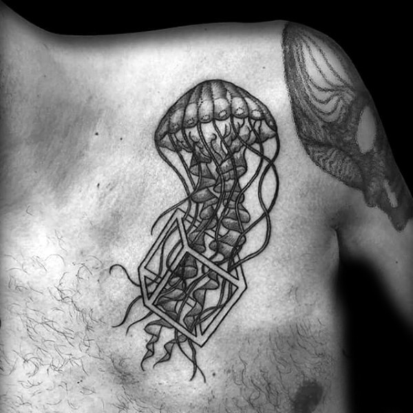 Original painted black ink jellyfish with cube tattoo on chest