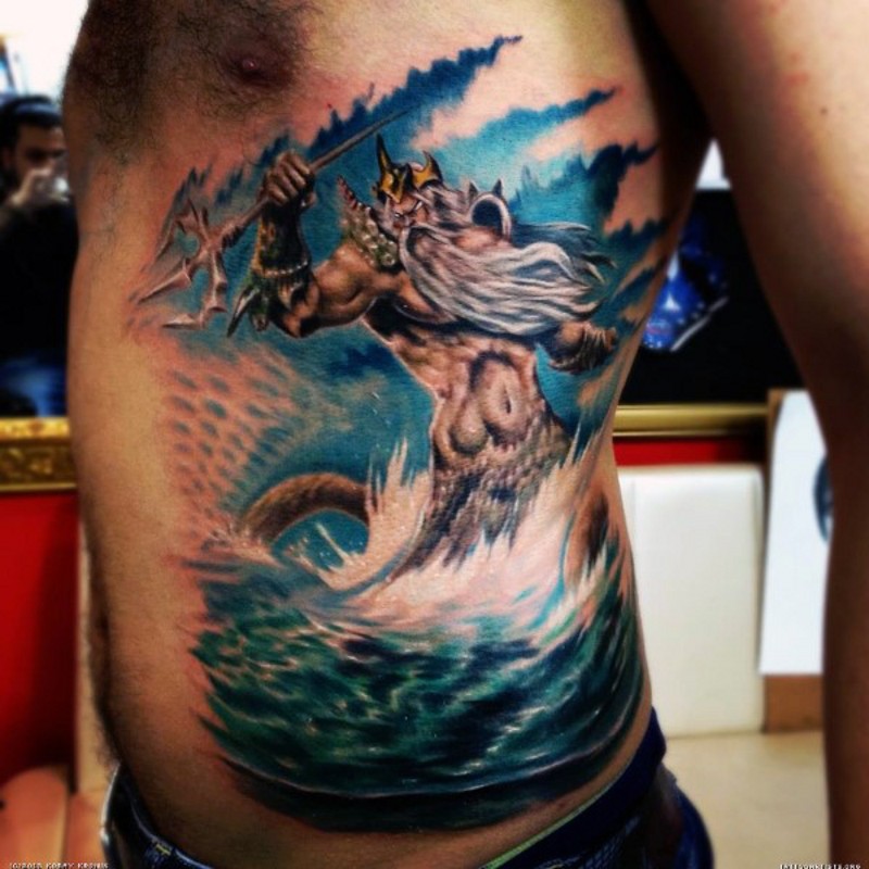 Original painted colored angry Poseidon in ocean tattoo on side