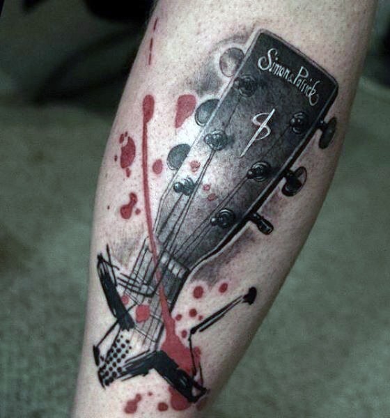 Original painted colored bloody guitar tattoo on leg