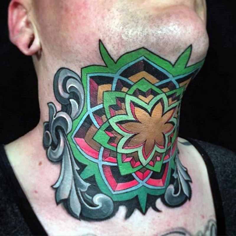 Original painted colored Celtic style tattoo on neck