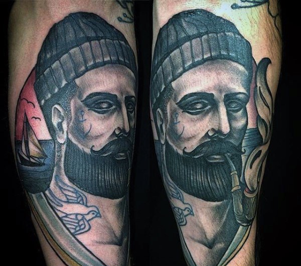 Original painted colored smoking sailor with ship portrait tattoo on arm