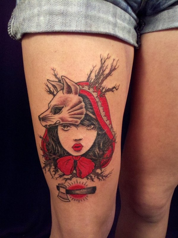 Original painted mystical witch tattoo on thigh with axe