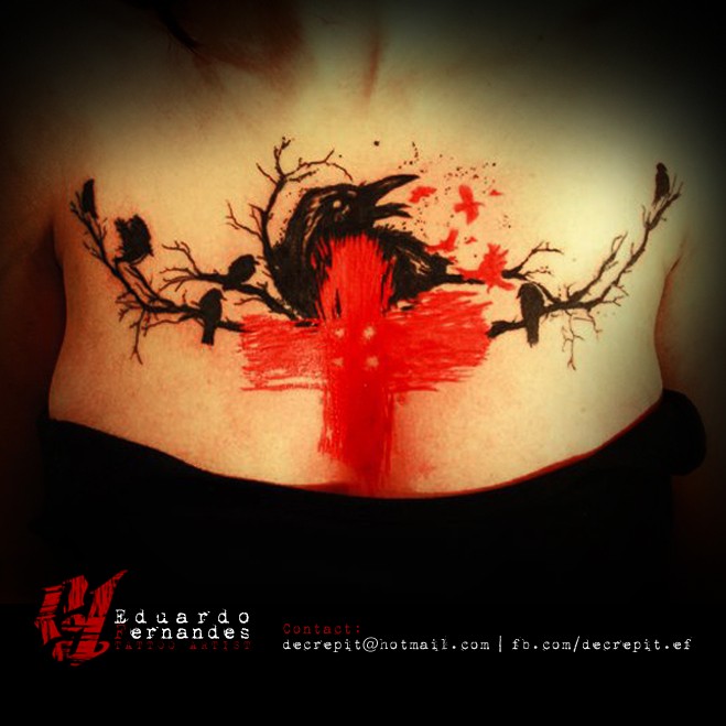 Original red colored large cross tattoo wti crows on tree branch