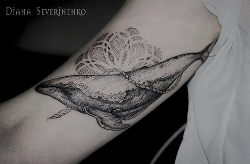 Original style black and white big whale with flower tattoo on arm