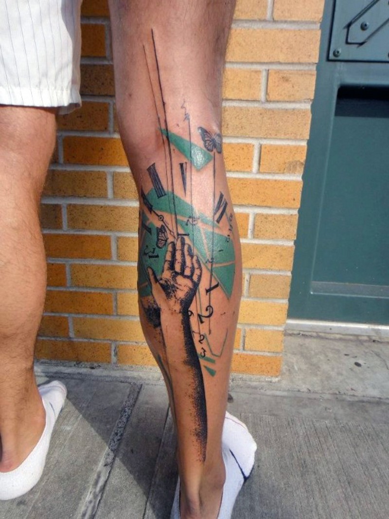 Original style designed colored big tattoo with hand and clock on leg