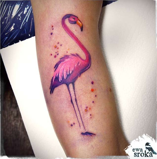 Original style designed pink colored big flamingo tattoo on upper arm zone