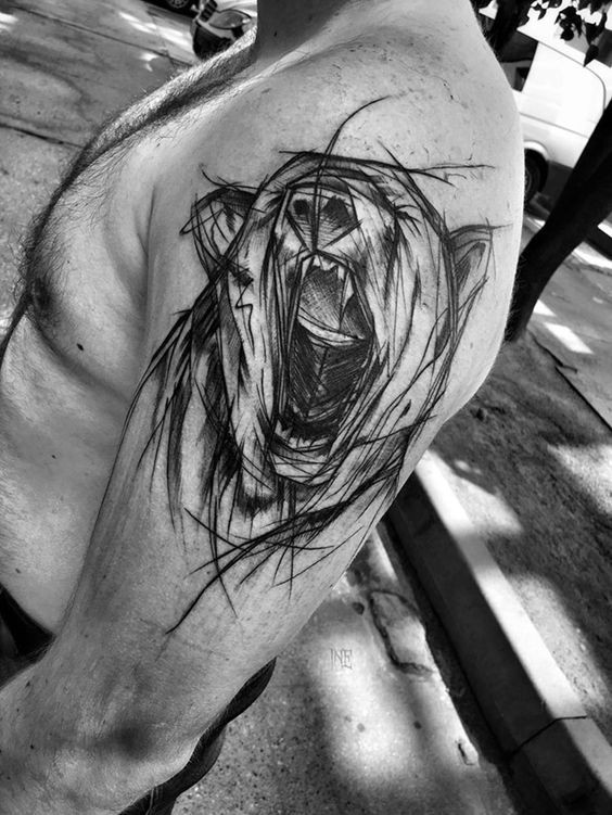 Painted by Inez Janiak black ink sketch style tattoo of roaring bear