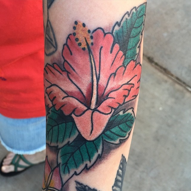 Pale red hibiscus flower tattoo on forearm in old school style