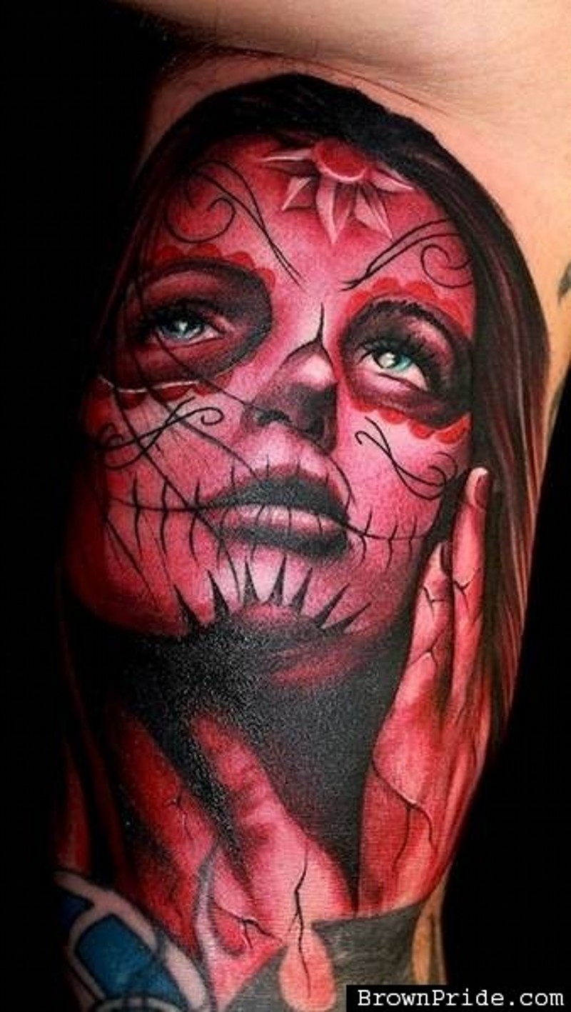 Pensive santa muerte girl tattoo in red colors