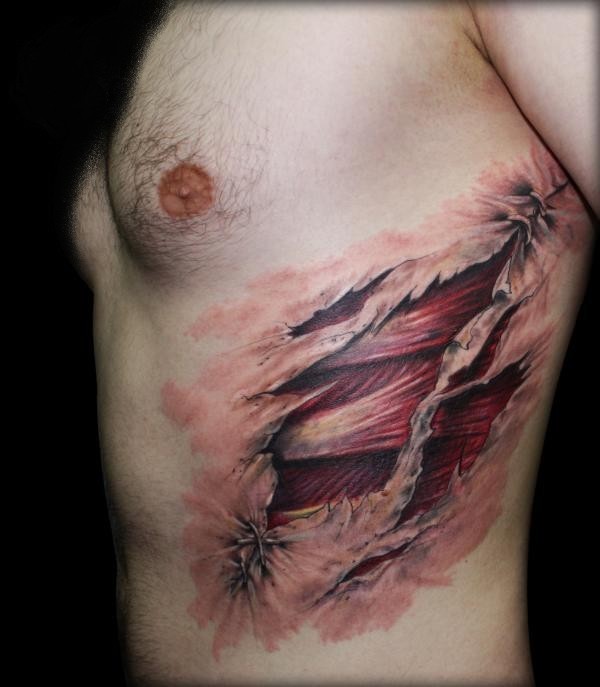 Perfect painted 3D very detailed ripped skin with muscles tattoo on side zone