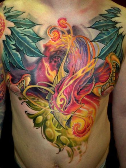 Phoenix and fire tattoo on chest