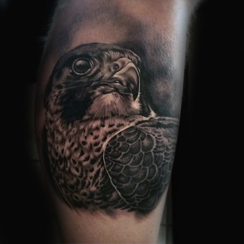 Photo like detailed colored leg muscle tattoo of eagle head