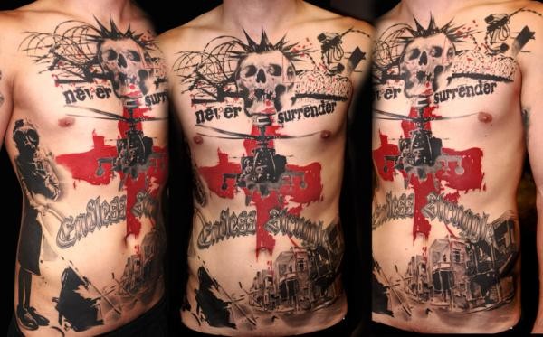 Photoshop Stil schwarzes Tattoo an ganzer Brust mit rotem Kreuz mit Hubschrauber und Schriftzug