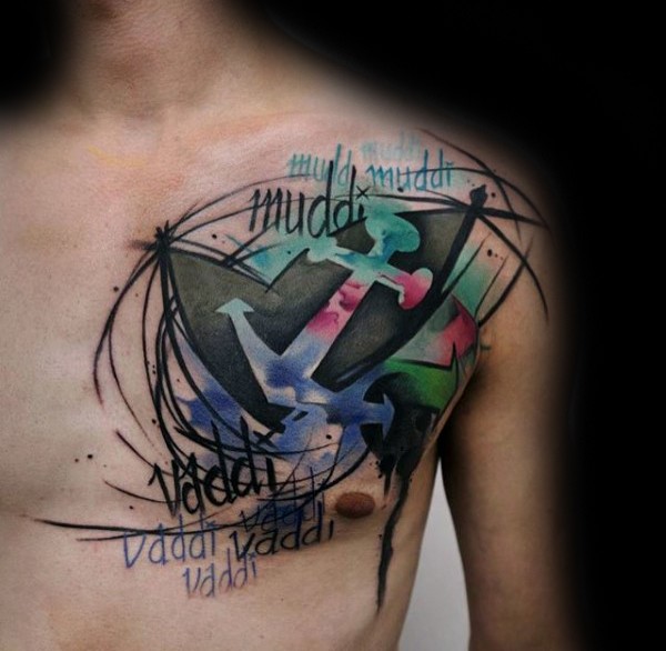 Photoshop Stil farbiges Anker Tattoo mit Schriftzug auf der Brust