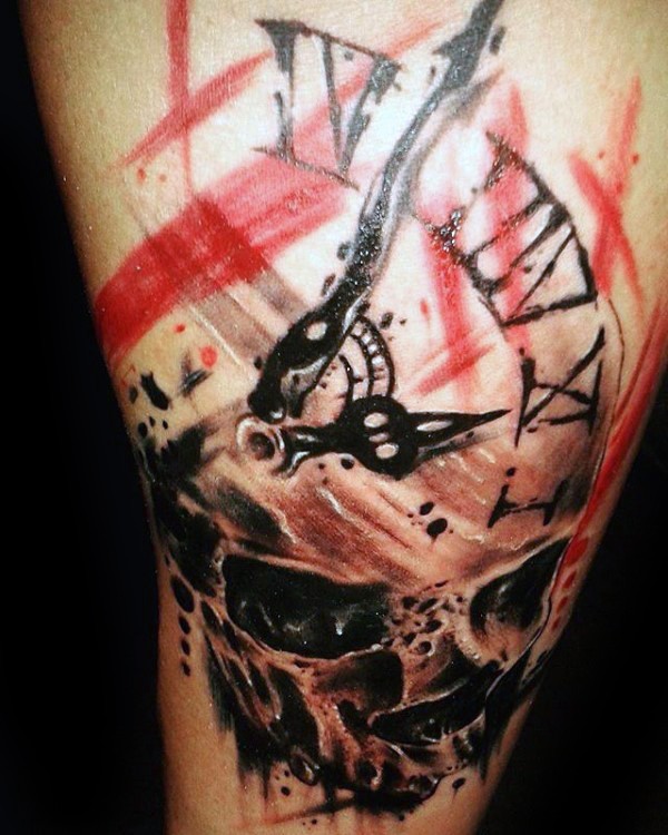 Photoshop style colored arm tattoo of skull with clock